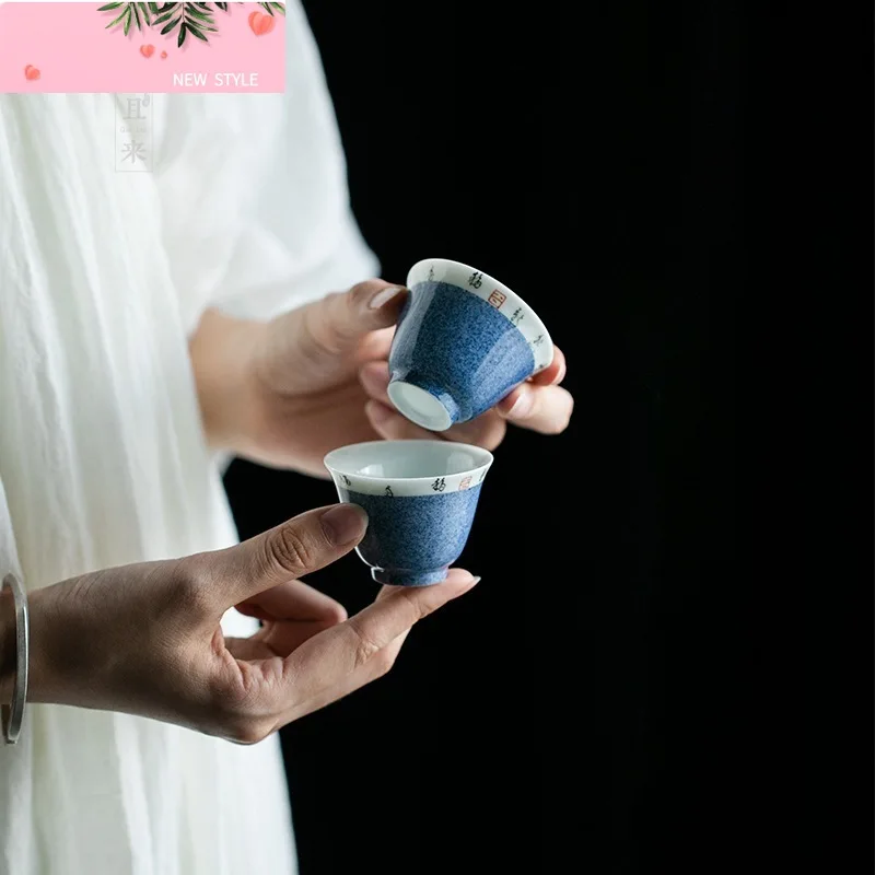

2 шт./компл., синяя керамическая чашка для чая с ручной росписью, креативная чашка для чая с орхидеей, маленькая чаша для чая пуэр, персональный чайный сервиз Chazhan Kung Fu, 35 мл