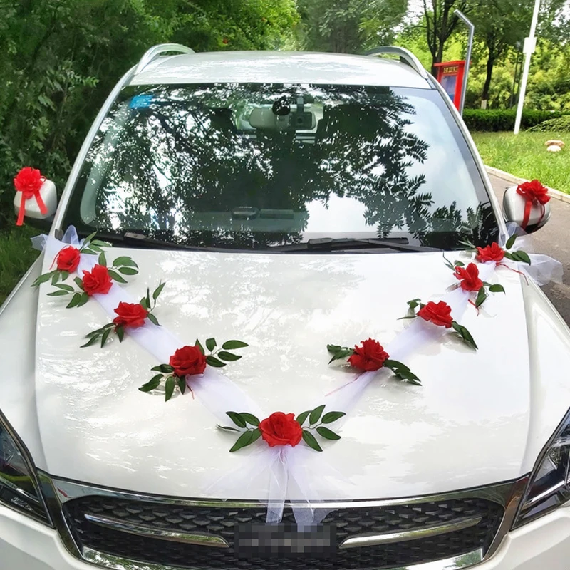 YOMDID DIY Artificial Flower Wedding Car Bridal Car Decoration Door Handle Ribbons Silk Corner Flower Galand With Tulle Set