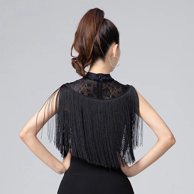 2024 Women Latin Dance Tassel Top Female Modern Ballroom Long Fringe T-Shirt Black Sexy Lace Mesh Necklin Summer Sleeveless Vest