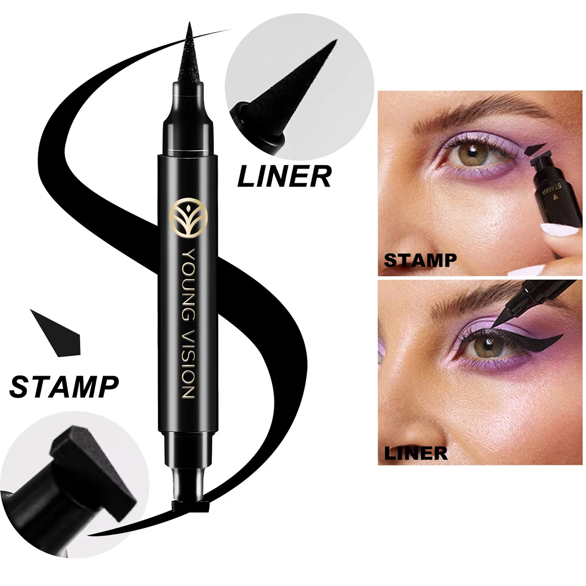 YOUNG VISION ブラック ダブルヘッド シール アイライナー リキッド ペン 耐久性のある非汚れ非退色トライアングル アイライナー ペン