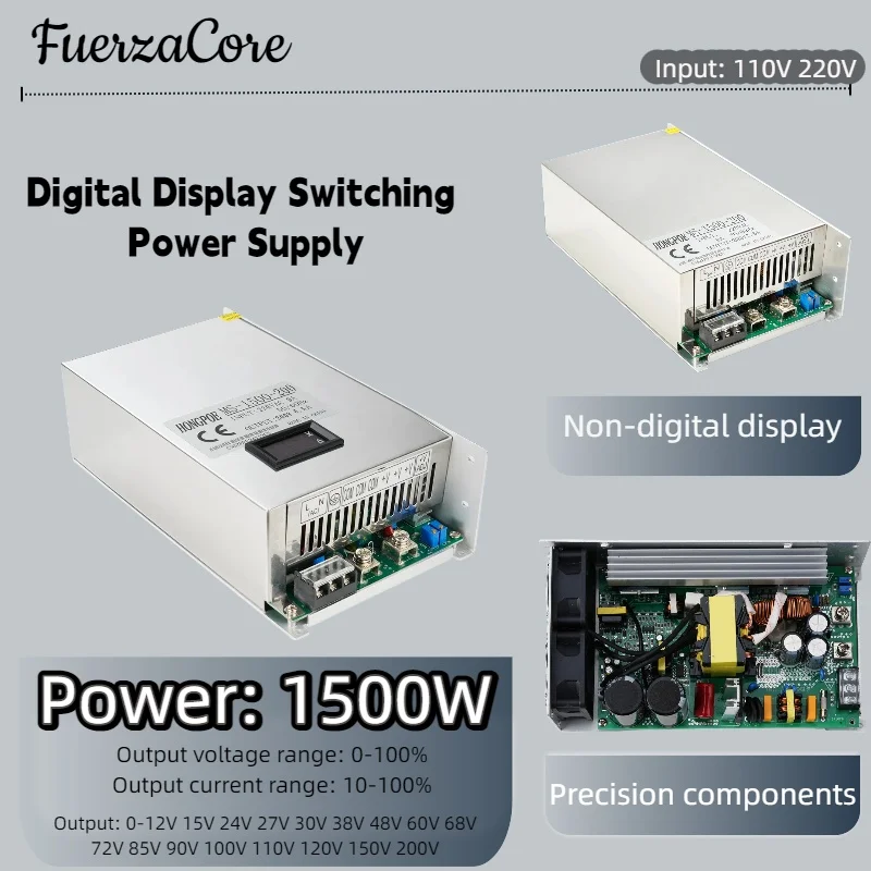 

Adjustable digital display 12-200VDC power supply 1500W output Voltage/current adjustable 110V220V AC to DC motor battery LEDuse