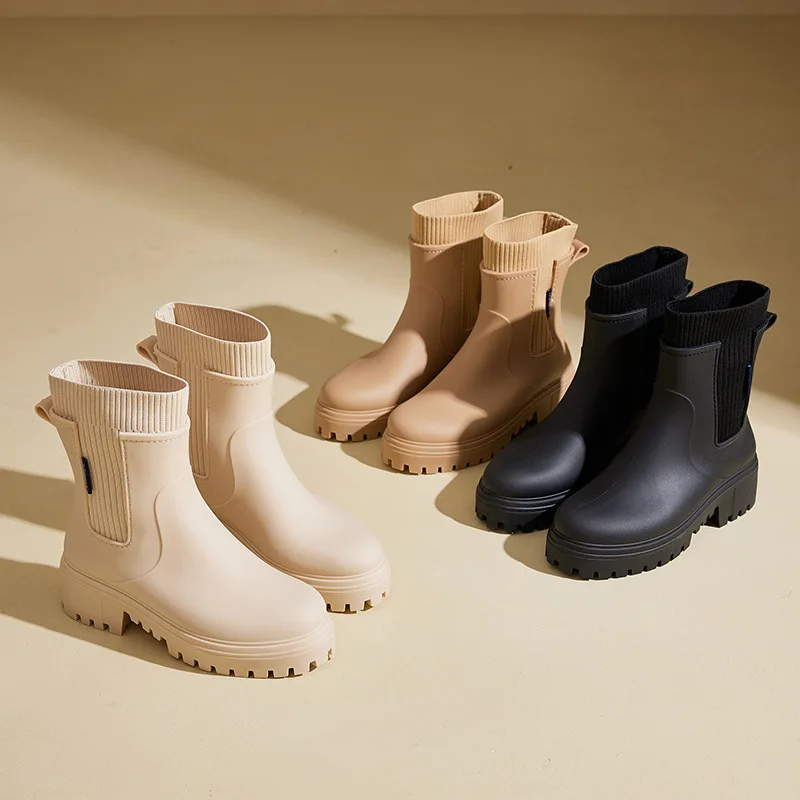 

Women Rain Boots Fashion Mid-calf Rubber Galoshes Elastic Slip on Rain Boots for Women Waterproof Garden Work Shoes Botas Lluvia
