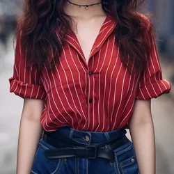 Summer New Red Short Sleeved Striped Color Block Commuting Slimming Shirt for Women's Loose Versatile Casual Trendy Chic Top