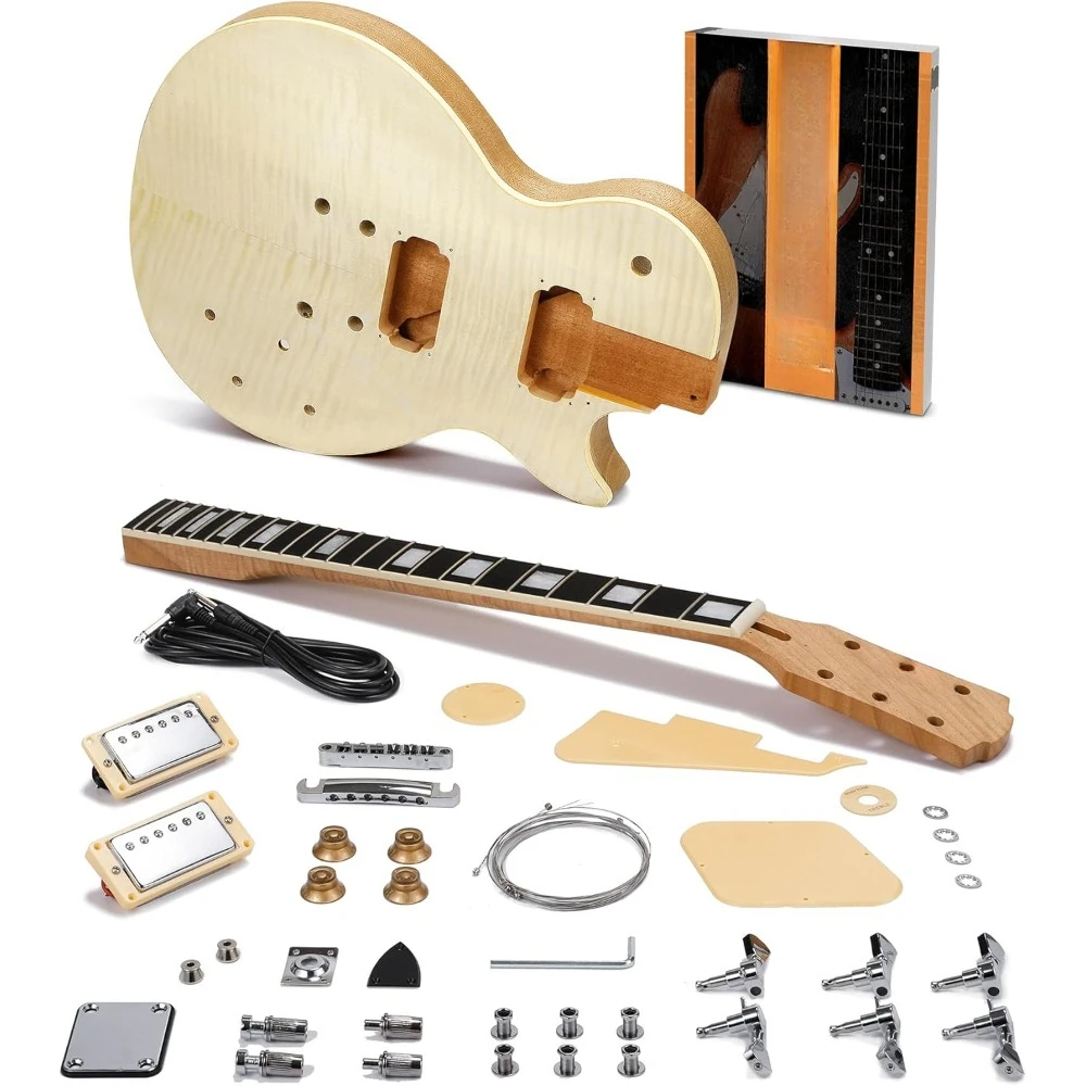 Style Electric Guitar Kits with Mahogany Wood Body/Neck, 6 Strings Electric Guitar Kits, Techwood Fretboard, H-H Pickups,Flamed