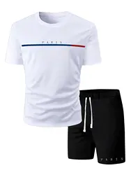 Men's T-shirt Set Short Sleeved Top+ Shorts Loose Cotton