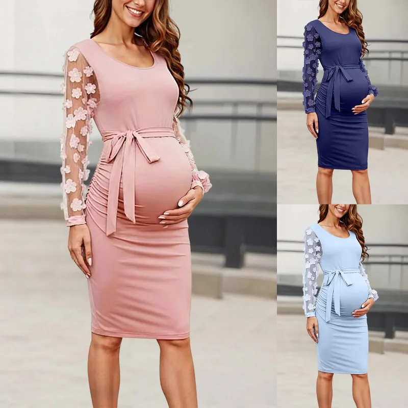 

Элегантное облегающее платье для беременных из сетки с цветочным узором, с рукавом до локтя и поясом, для фотосессий и вечеринок в честь будущего малыша