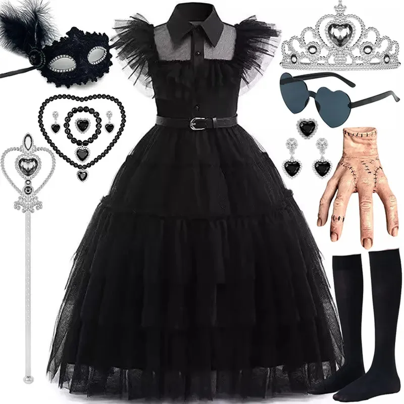 2025 مسلسل تلفزيوني أمريكي كلاسيكي شعبي الأربعاء فتاة كوسبلاي آدامز فستان أسود قصير الأكمام منتفخ + مجموعة إكسسوارات dl;1 #2