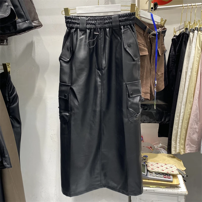 

Женская полуюбка из искусственной кожи с большими карманами, эластичная талия, шнурок с разрезом сзади, утягивающая прямая трубка, повседневная длинная юбка