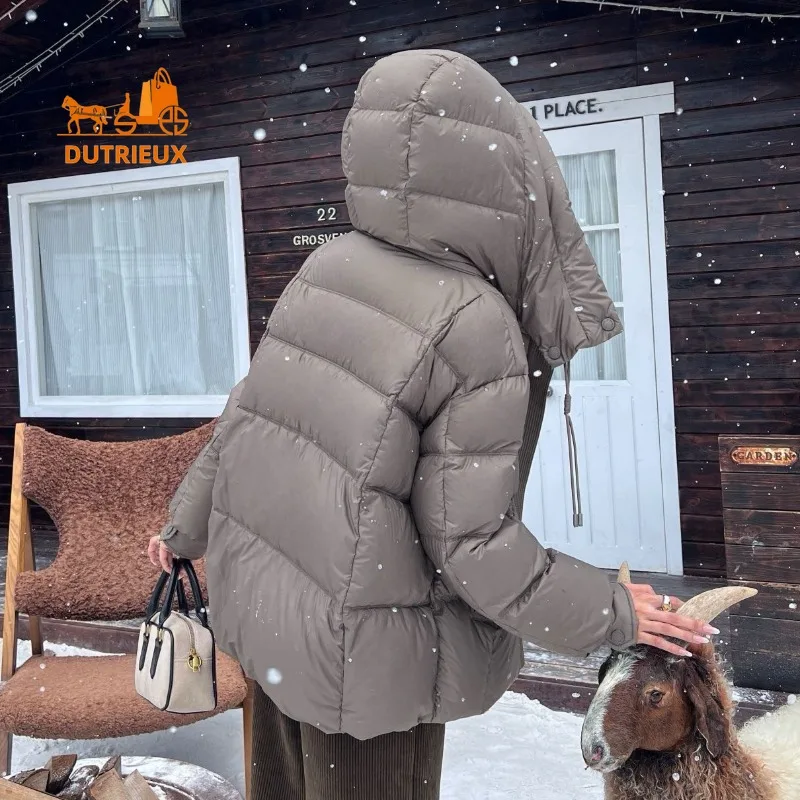 2025 inverno solto removível com capuz jaqueta de comprimento médio para mulher, 90% pato branco para baixo moda quente e casaco elegante para mulher