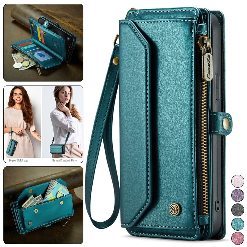 

Lanyard Leather Zip Wallet Card Phone Case for Samsung Galaxy Z Fold 5 4 3 Note 20 Ultra S24 Plus S23 S22 S21 S20 FE Flip Cover