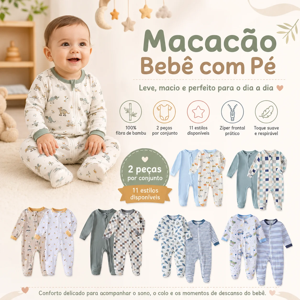 Macacão Bebê com Pé 100% Fibra de Bambu Zíper Frontal Manga Longa Roupa Infantil 3M 6M 9M