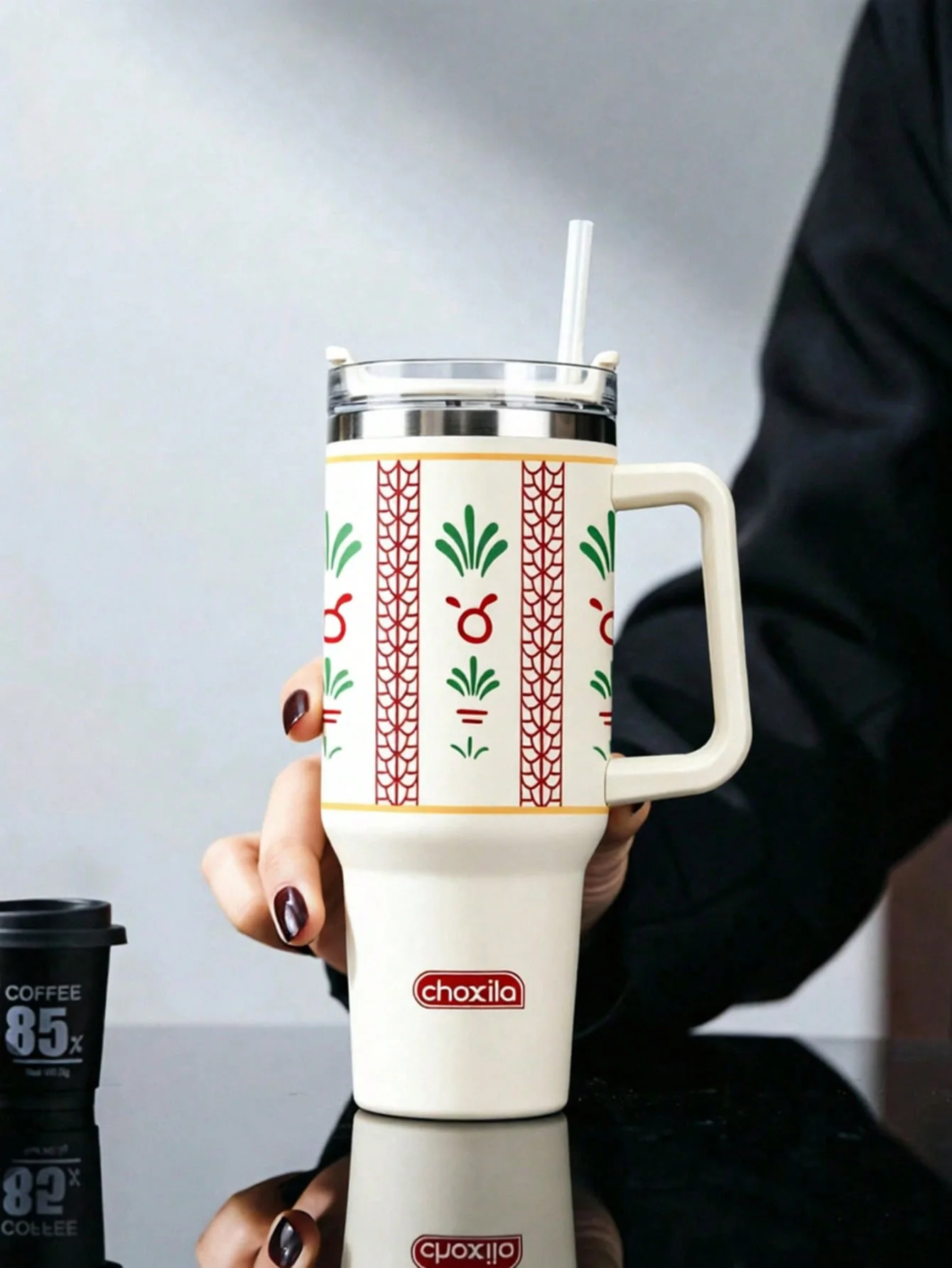 1pc Date Flower Pattern Stainless Steel Tumbler With Handle, Large Capacity Vacuum Insulated Travel Mug - Middle Eastern Style C