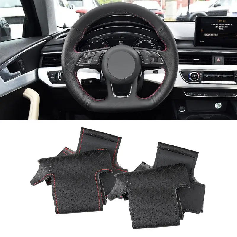 For Audi A3 8V/8Y S3 A4 B9/8W S4 A5 8W6 S5 Q2 SQ2 2019-2022 Hand-stitched Car Inner Steering Wheel Cover Perforated Leather Trim