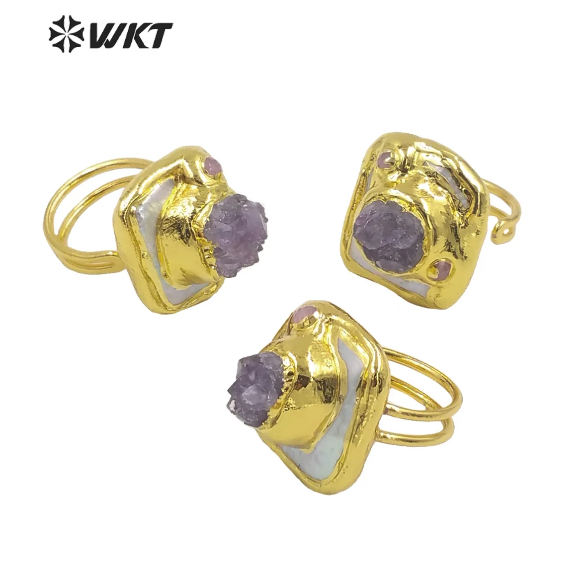 WT-MPR030 WKT Amazing Freshwater Pearl Rings irregular shape Gold Plated Amethysts Adjustable Open Ring Party Jewelry Lady Gift