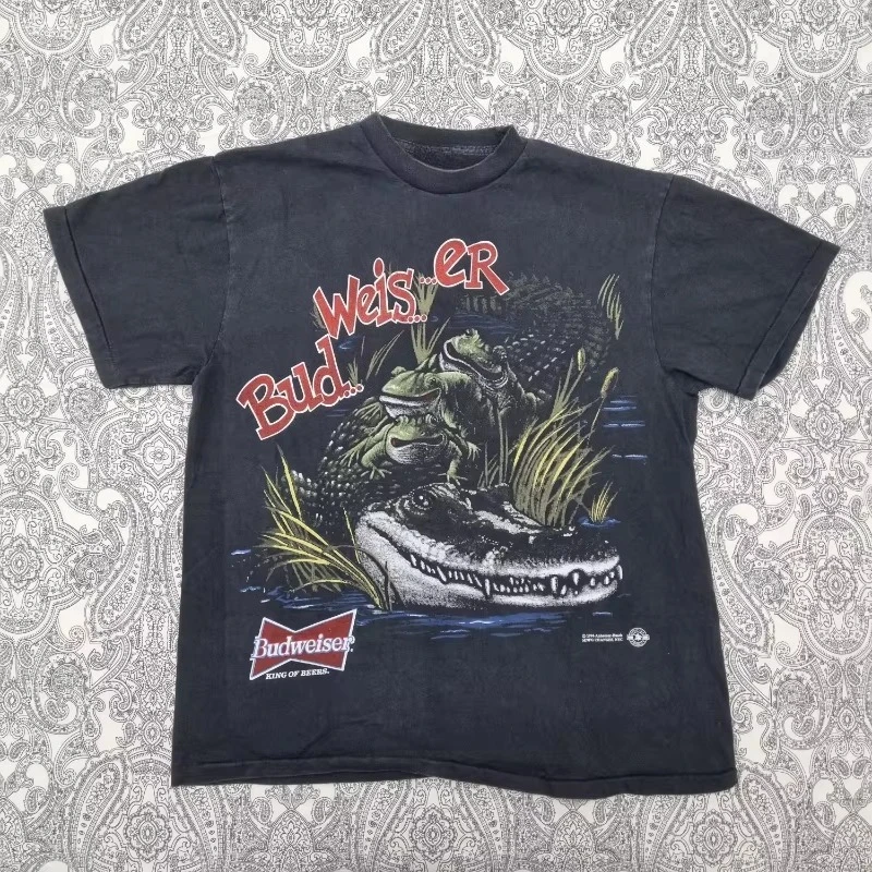 Crocodile Classic Vintage King of Beer Print Tee 90s T-Shirt Cotton Graphic Tee Men Women Summer Streetwear