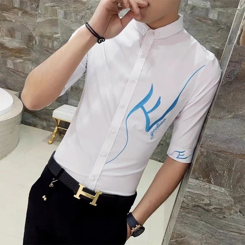 

Summer New Fashion Half Sleeve Shirt Man High Street Casual Slim Button Cardigan Embroidered Korean Style All-match Y2K Tops