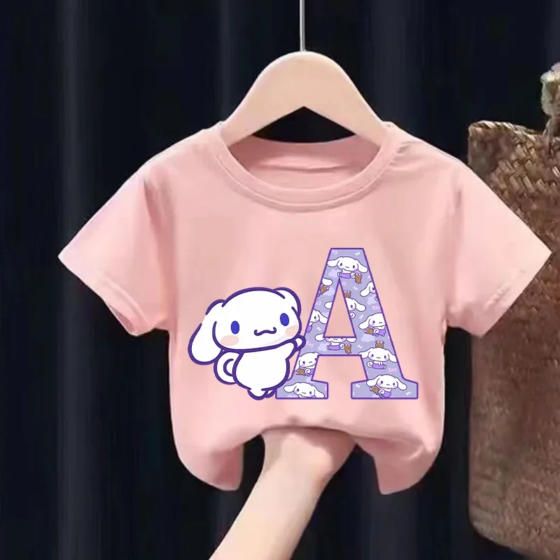 

Cinnamoroll T-shirt for Children A-Z Letter Tee Top Cute Cartoon Fashion Girl Clothes Anime Kid Short Sleeve Loose Clothing Gift