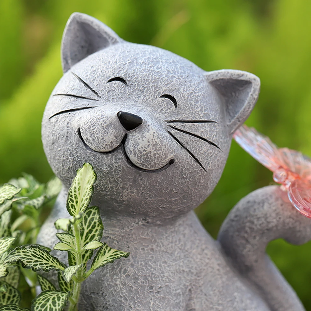 Solar Powered Cat Artwork Flower Pot Creative Kitten Succulent Pot with Light Cat Butterfly Planter Statue for Cabinet Backyard