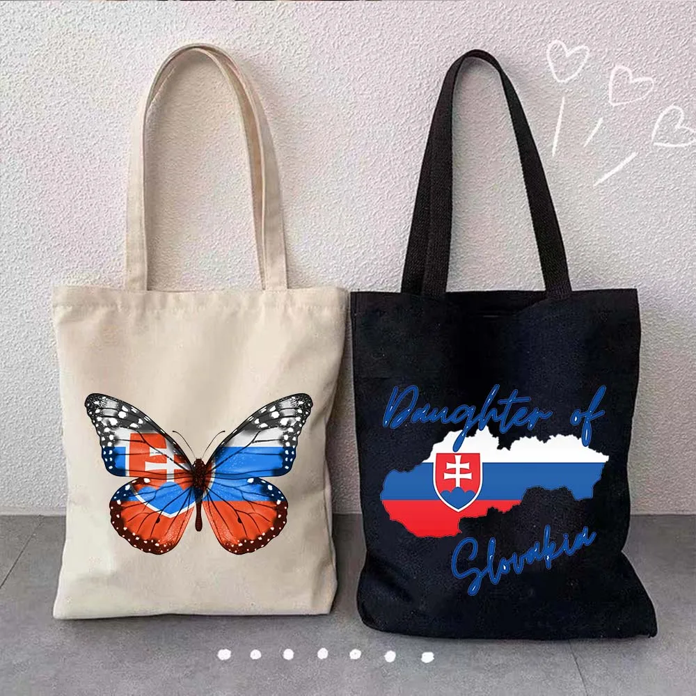 Bolsos de mano de lona de algodón, bolsos de hombro, mariposa eslovaca, abrigo de armas de Eslovaquia, corazón, bandera nacional, mapa, Shopper