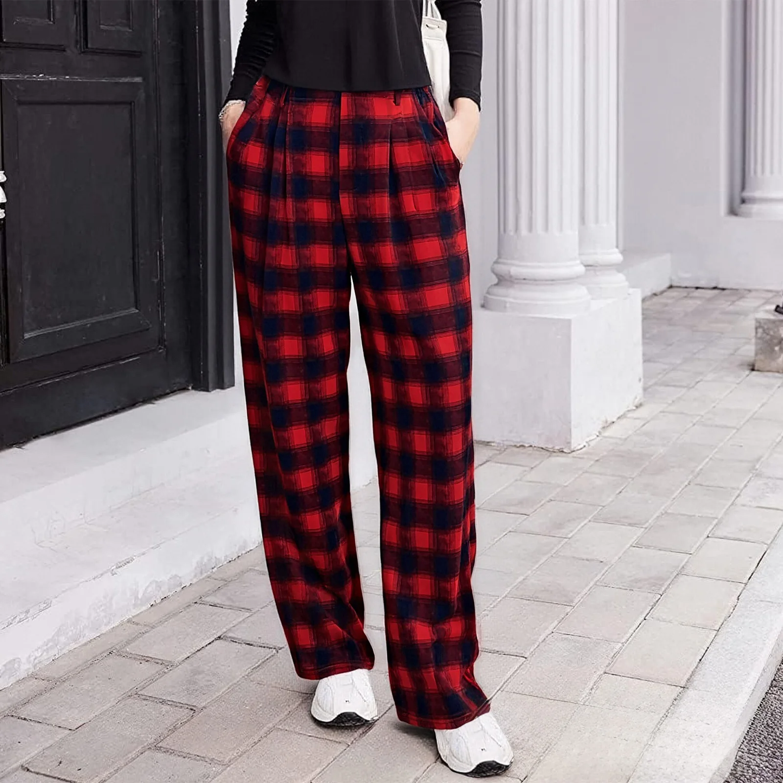 سراويل نسائية كاجوال واسعة الساق بخصر عالٍ منقوشة ومطبوعة بطيات أمامية سراويل فضفاضة