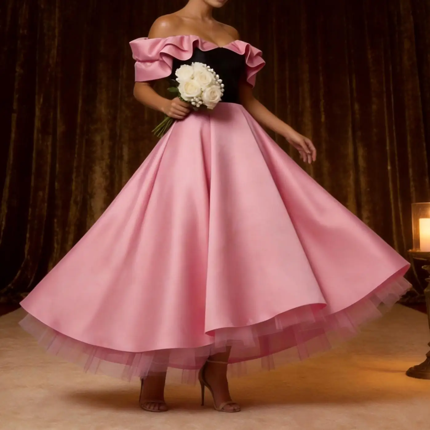 

QMANSHA Custom Pink & Black Off-Shoulder Couture Evening Dress Ruffle Satin A-Line Midi Formal Gown for Wedding Guest & Prom