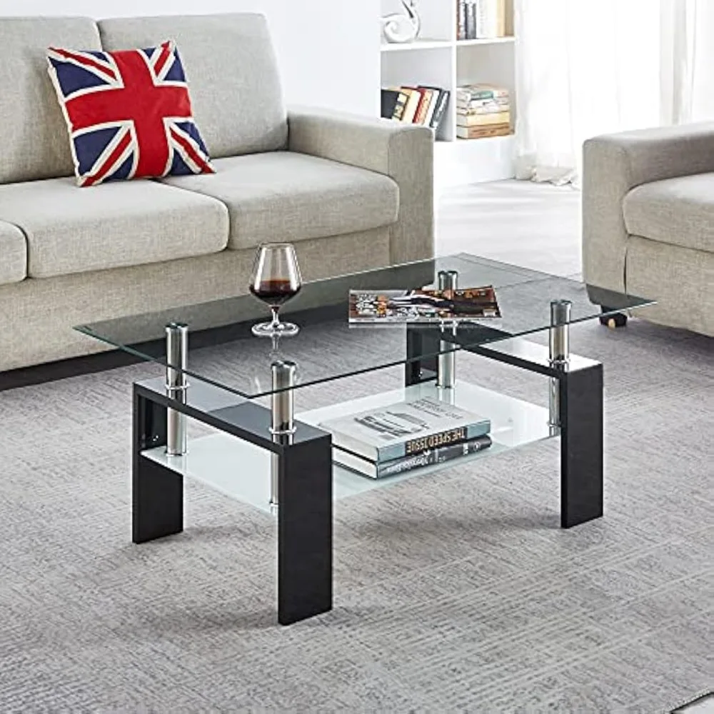 

Glass Coffee Table,Rectangle Coffee Table for Living Room Modern Side Coffee Table with Lower Shelf,Metal Leg