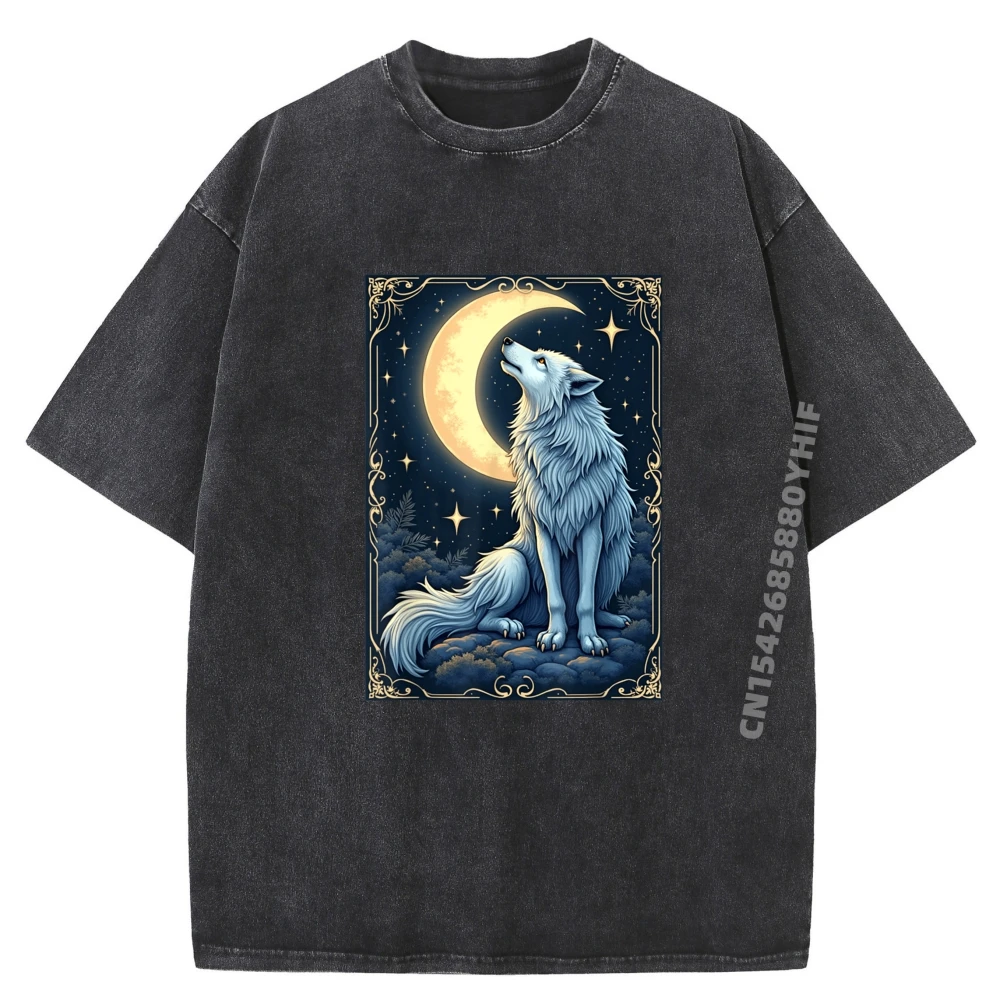 

Mystical Wolf Art Moon Celestial Group Осенние мужские топы и футболки с графическим рисунком Мужская винтажная стираная одежда