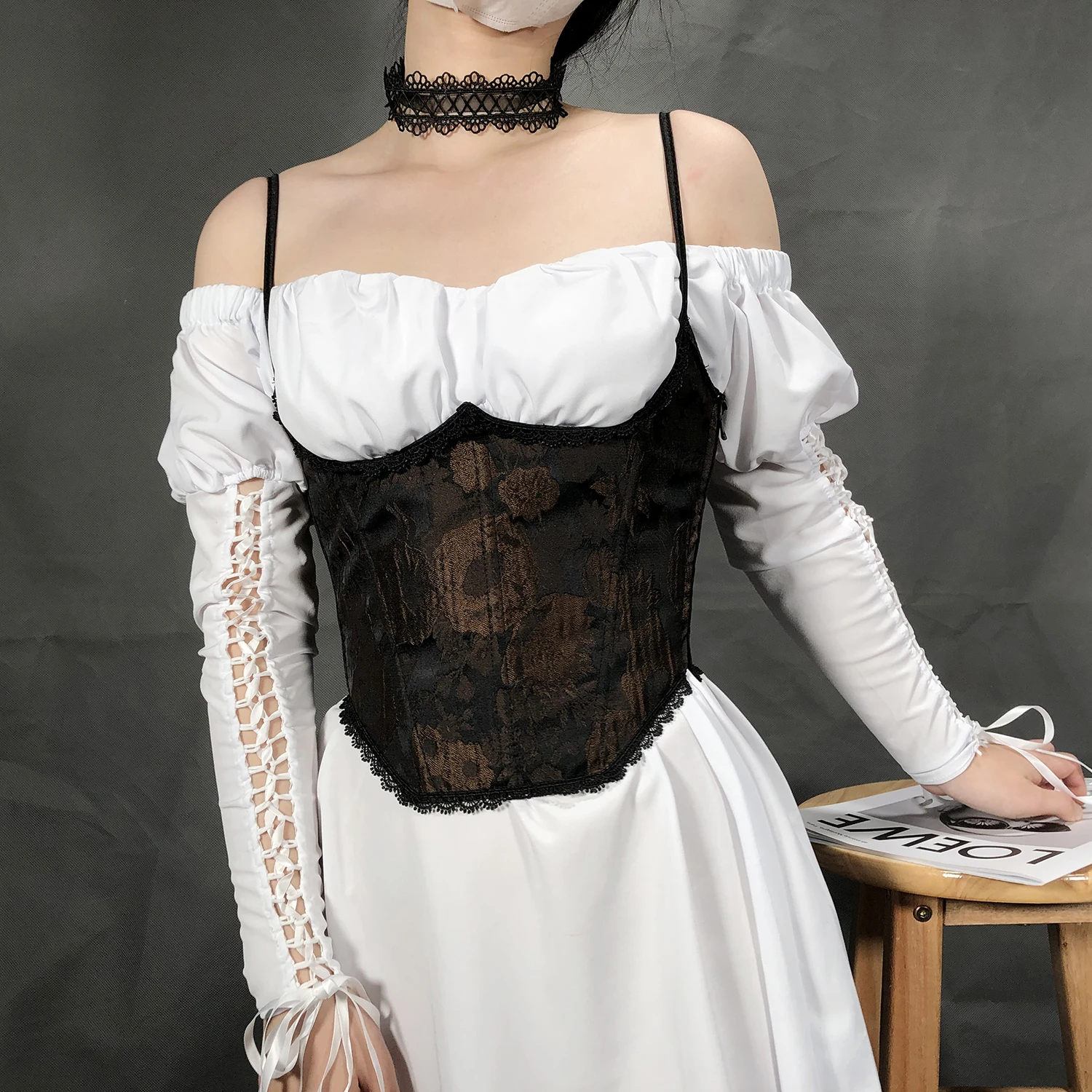 

Oil Painting Jacquard Waistband with Back Strap and Color Strap Style Women's Underbust Corset Top