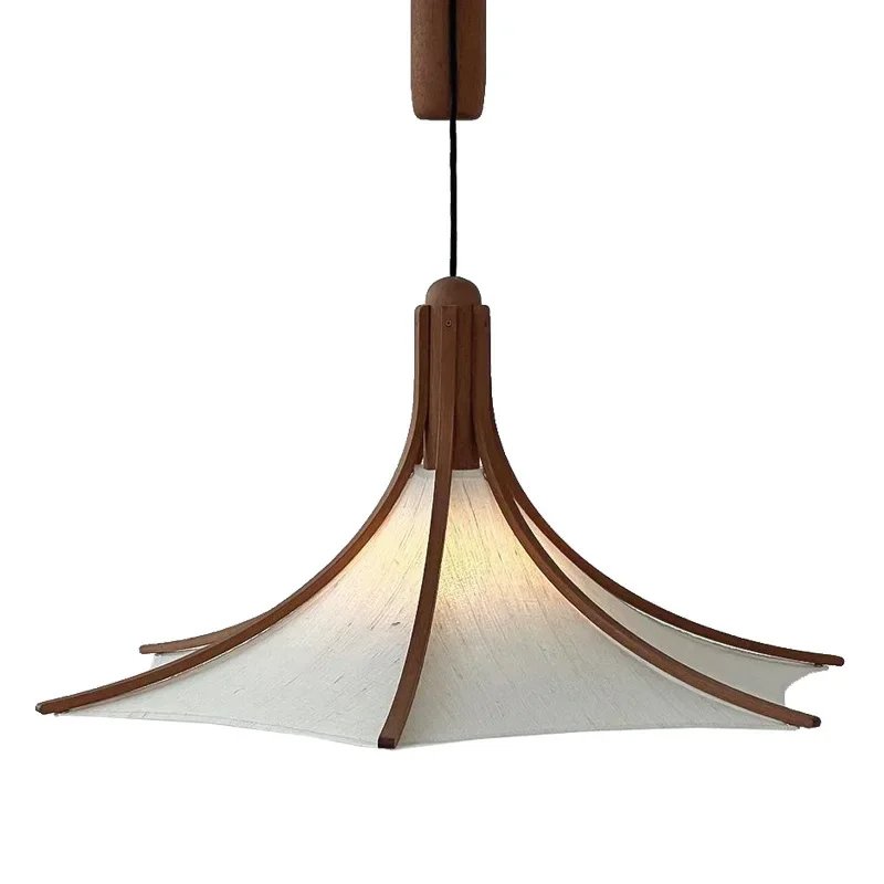 

Medieval lifting restaurant solid wood chandelier retro adjustable retractable dining table wooden fabric lamp