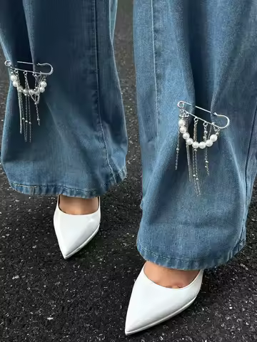 Retro dulce perla de imitación cadena de Metal borla colgante Pin pantalones cadena de pie 2025 chica creativa joyería de moda dulce