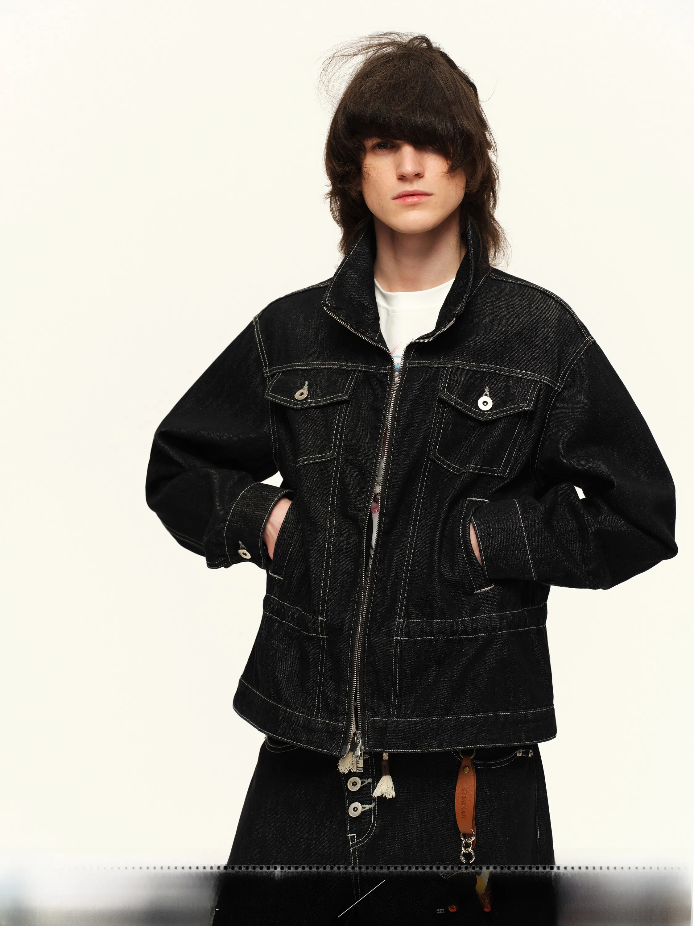 

Adjustable Waist Vintage Vertical Stripe Original Denim Jacket Unisex Spring Autumn Workwear Jacket Thickened Cotton Polyester