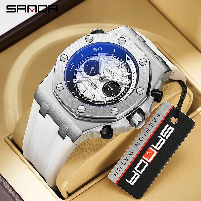 SANDA-Relógio automático casual masculino, mecânico, luminoso, impermeável, relógio, branco, pulseira de silicone, moda, novo