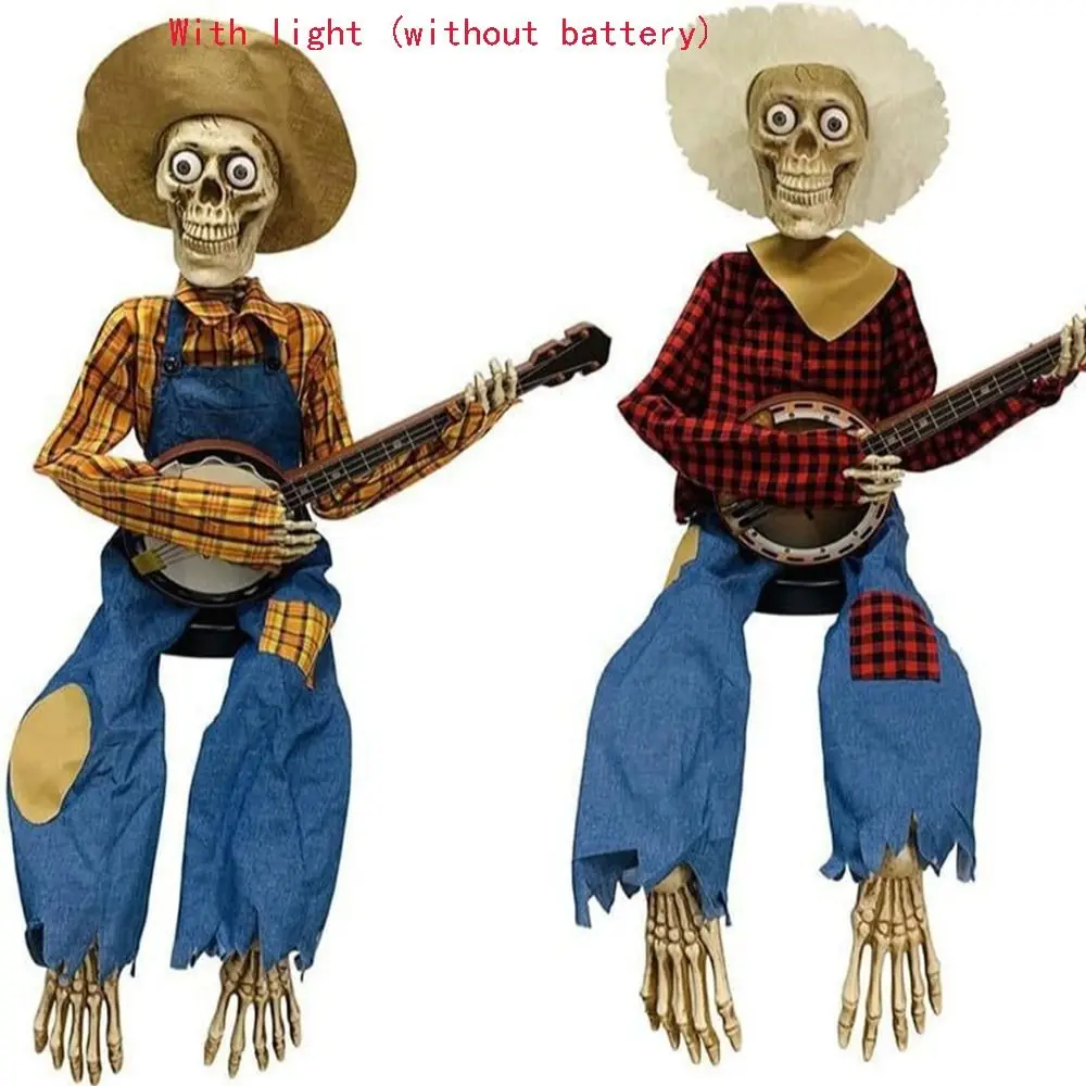 PP Dueling Banjo Skeletons Animated Luminescent Rock Singer Skeleton Figurines Latest Horror Night Glowing Skull Guitar Statue