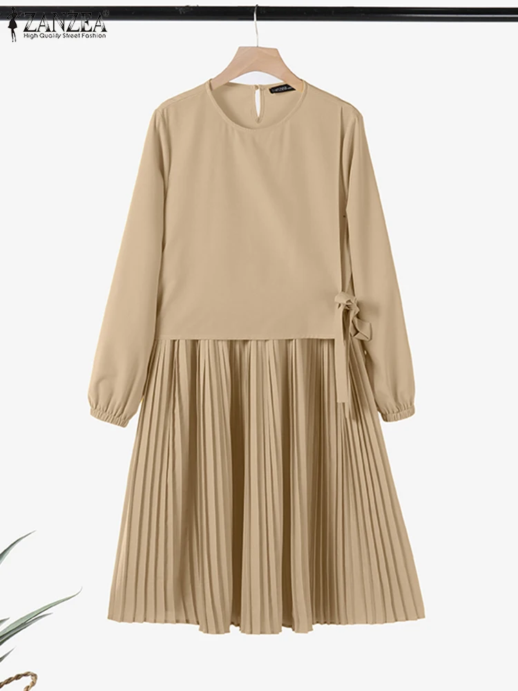 2025 ZANZEA 이슬람 블라우스 여성 긴 셔츠 터키 Abaya Kaftan 우아한 긴 소매 레이스 업 Pleated 탑 느슨한 IsIamic 의류