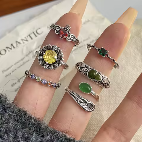 925 Sterling Silver Rings For Women Geometric Fine Jewelry Finger Adjustable Simple Colorful Stone Ring For Party Birthday Gift