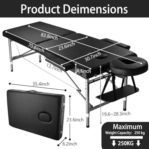 Portable Massage Bed, Foldable Lash Table for Salon & Spa, Height Adjustable PU Leather Facial & Tattoo Massage Bed