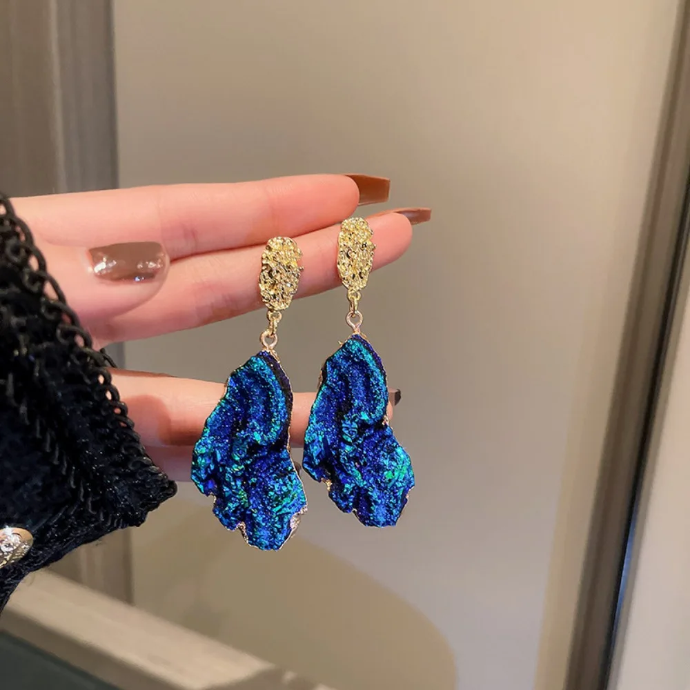 Luxury Exquisite Blue Wrinkle Textured Irregular Oval Enamel Starry Sky Dangle Earrings for Women Art Exhibition Outfit Jewelry