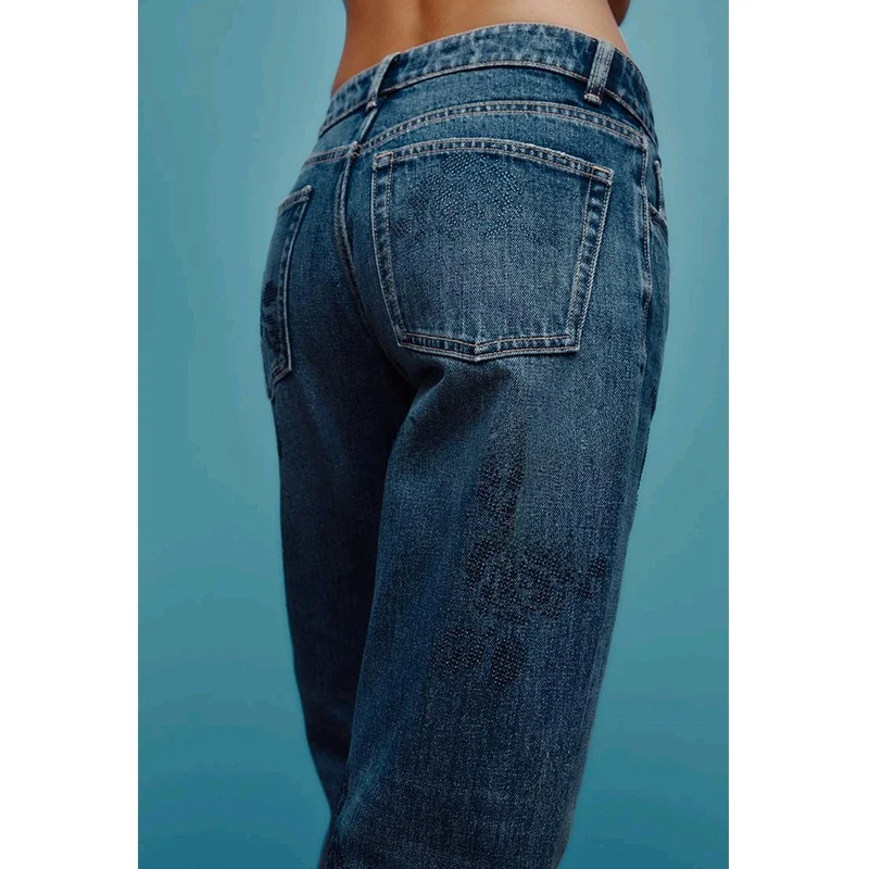 Printemps nouveau femmes décontracté Floral singe strass décoré coton jambe large jean taille haute coupe ample pantalons longs