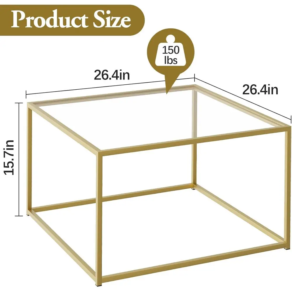 Compact Modern Gold & Clear Glass Coffee Table for Small Living Rooms, Easy Assembly, 26 Square