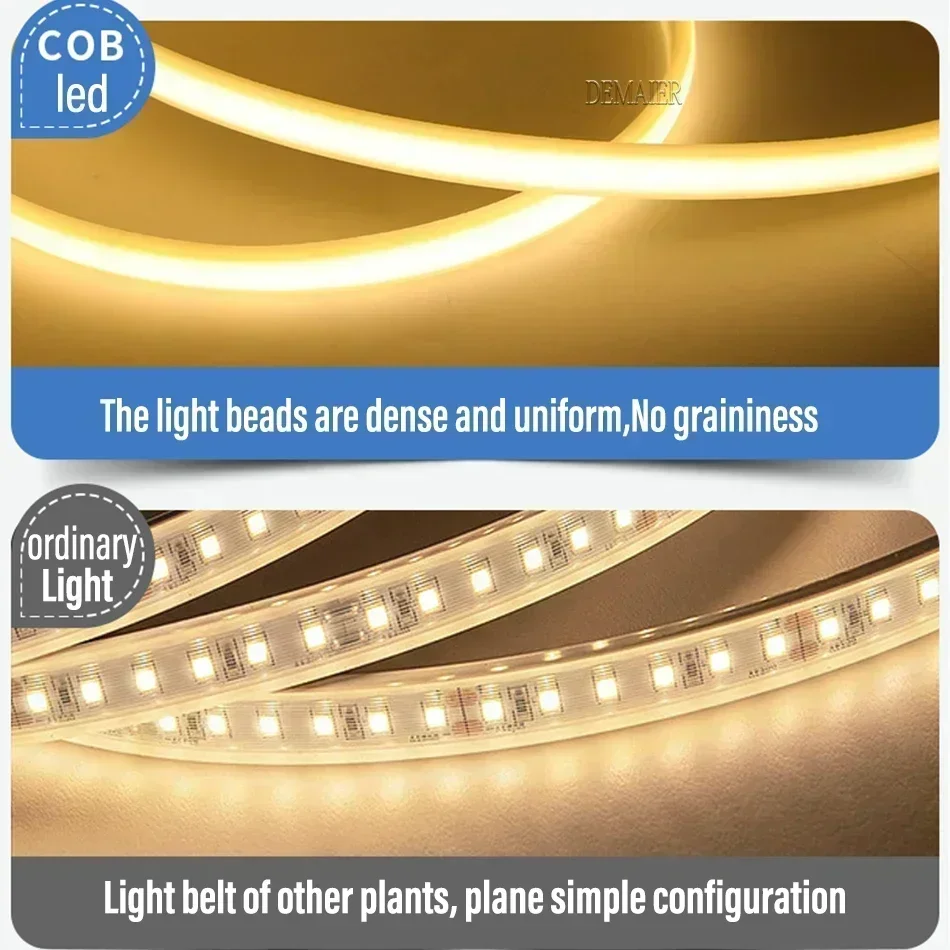 Lampu Strip LED COB 110V 220V Super Terang 360LED/m Tahan Air Dengan Saklar Catu Daya EU/US Lampu Luar Ruangan Fleksibel 1M-100M