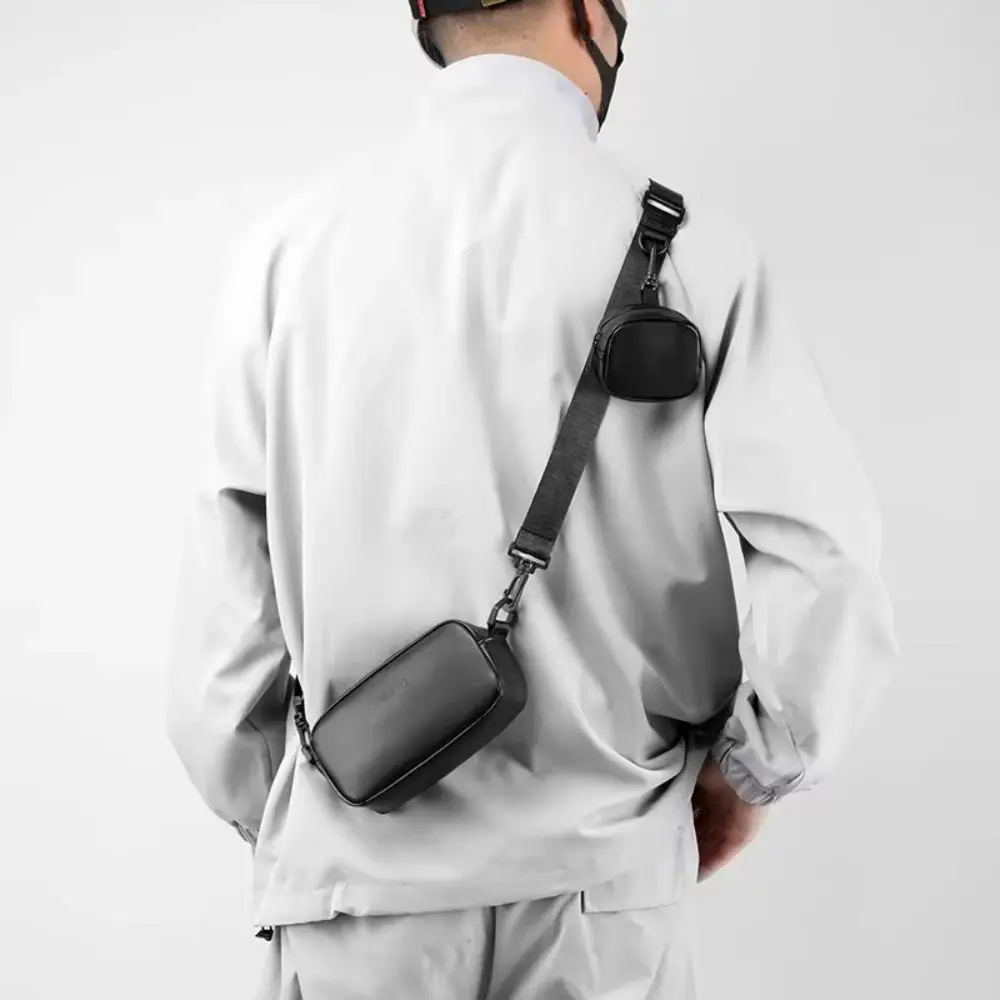 PU Leather Men's Phone Bag High-end with Small Hanging Bag Mobile Phone Chest Bags Square Zipper Black Crossbody Bag Outdoor