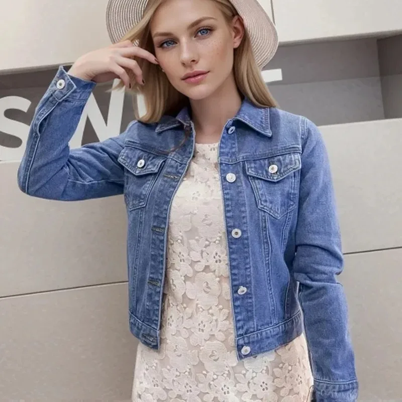 Women's Long Sleeve Denim Jacket, White, Black, Blue, Short Coat, Ladies Jackets, Outerwear, Winter, New, 4866