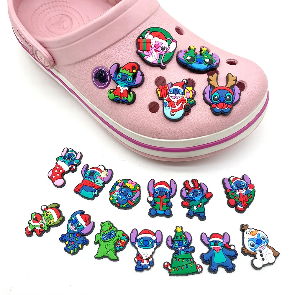 1/18 piezas Lindos adornos navideños de Lilo y Stitch para zapatos, de PVC suave, accesorios de decoración DIY de dibujos animados para sandalias y chanclas, regalos navideños
