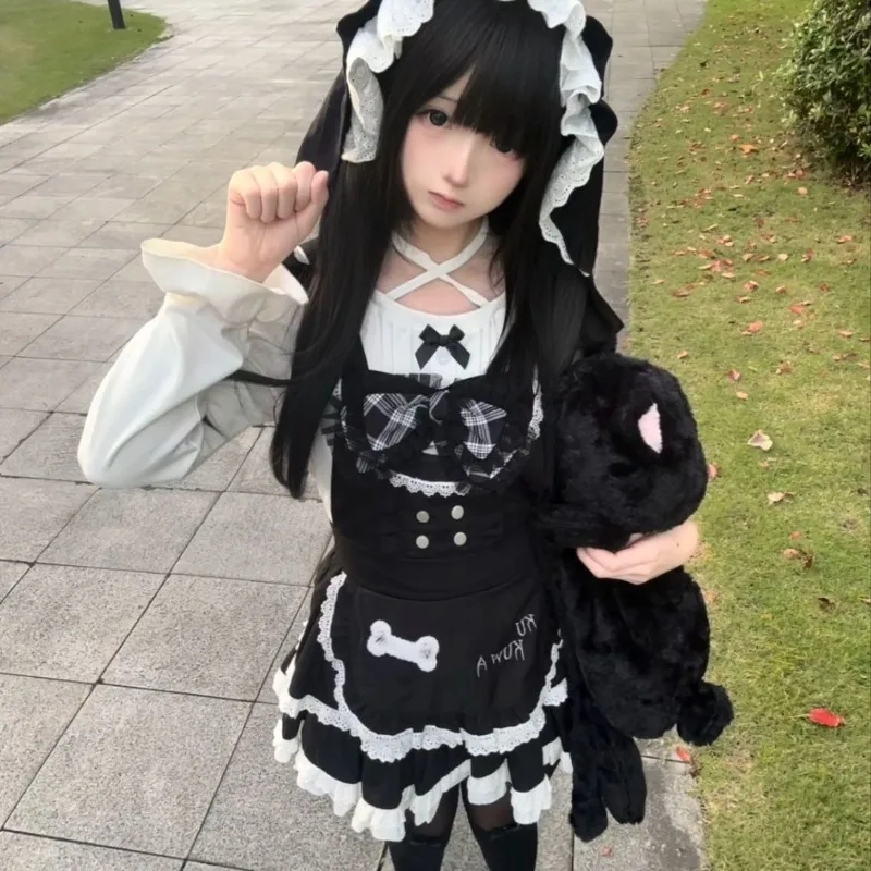 

Kawaii Japanese Sweet Halter Long Lseeve T Shirts Spliced Lace Preppy Short Straps Dresses Y2k Aesthetic Accessories Hat