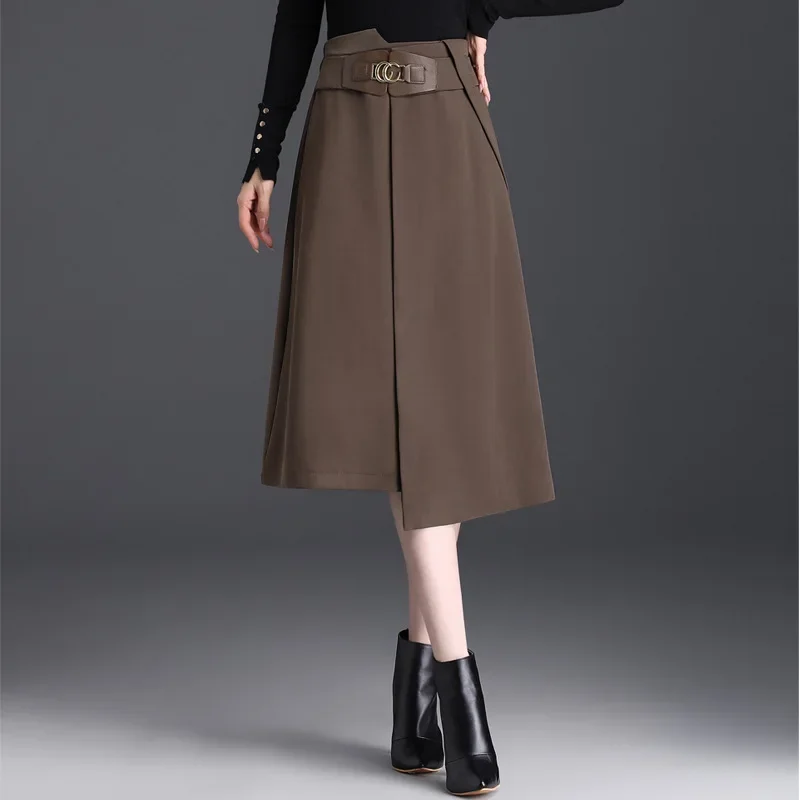 Otoño Invierno nuevo estilo mujer Casual asimétrico cintura alta delgada A-Line Midi falda drapeado faldas de fibra de poliéster