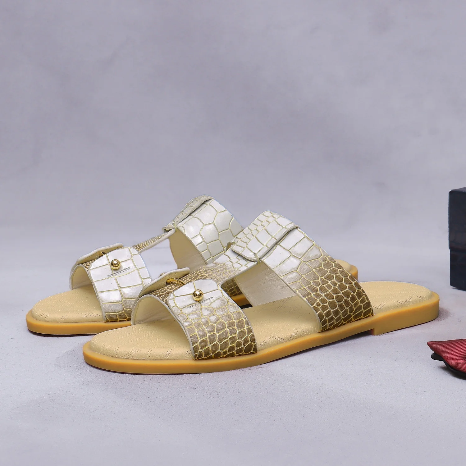 Men Genuine Cow Leather Slippers Crocodile Embossed Pattern One Strap Slides Korean Style Summer Outdoor Casual Shoes