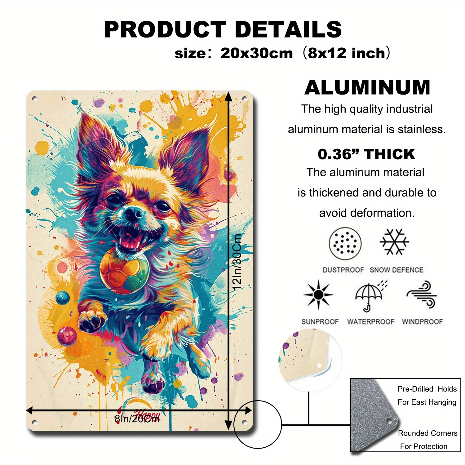 2D Flat 1pc 8x12 Inch(20cm X 30cm) Spirited Chihuahua Tin Sign Happy Chihuahua with Ball for Home and Spirited Decor Durable A