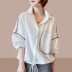 Large Size Women Shirt Summer Fashion Short Sleeve Blouses Trendy Korean Style Loose Casual All-match Puff Sleeve Shirts Woman