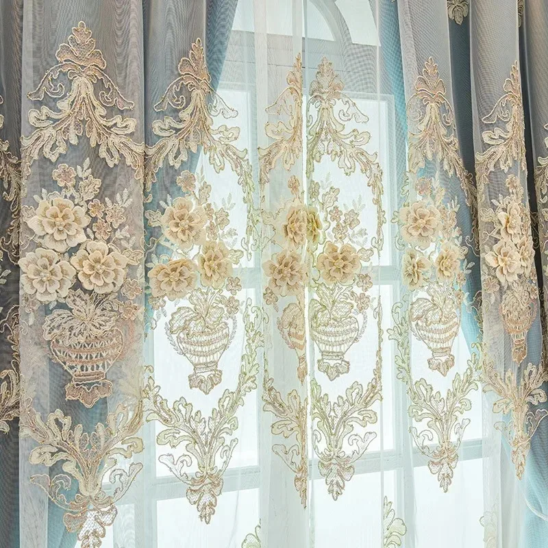 

Simple Double-layer Luxury Curtain Fabric Gauze Integrated Curtains for Living Dining Room Bedroom Relief Blue White Tulle Decor