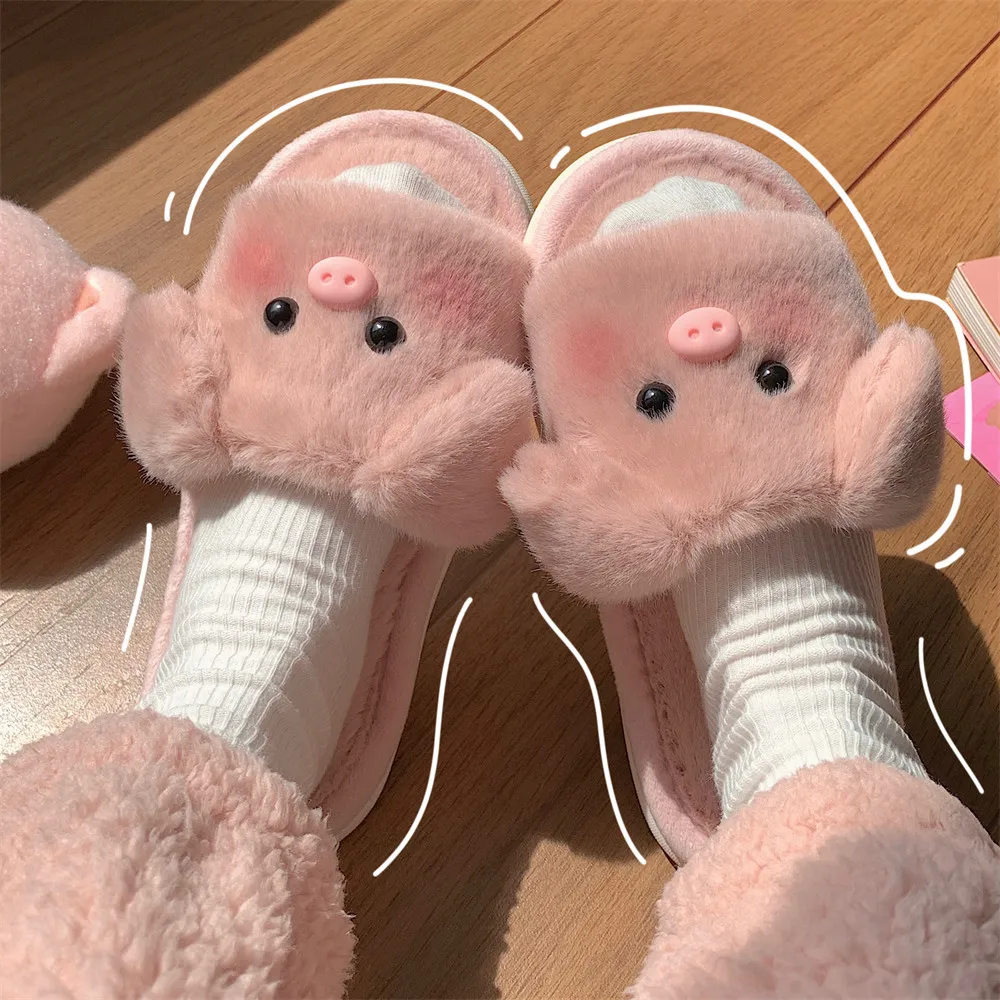 

Plush Slippers For Women Men Fashion Fluffy Winter Warm Slippers Lovers Cartoon Pig Cute Non-slip Flat Home Cotton Shoes